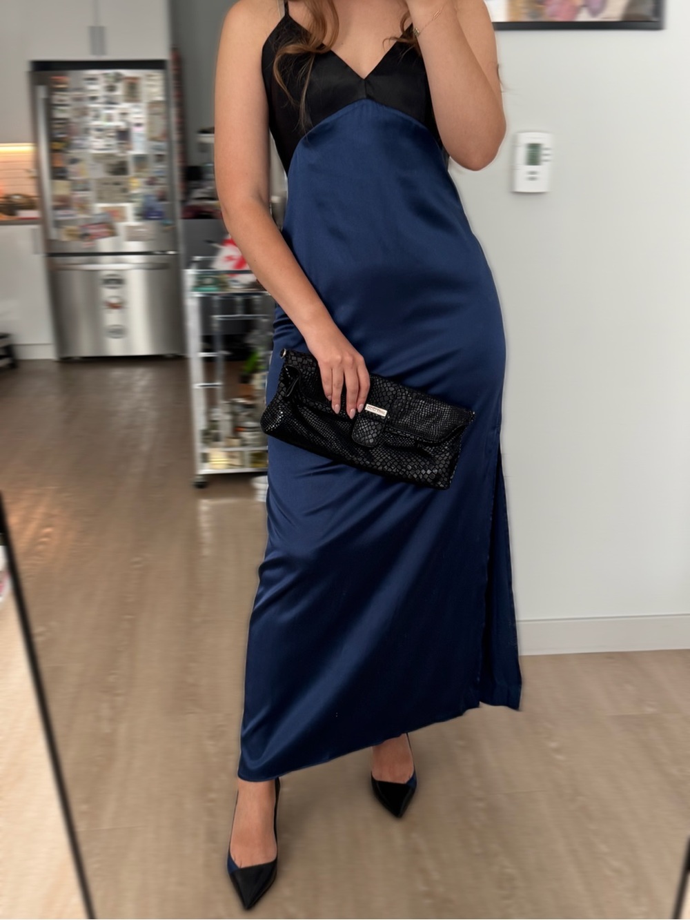 The Fashion Poet Satin Slip Maxi Dress in Navy and Black